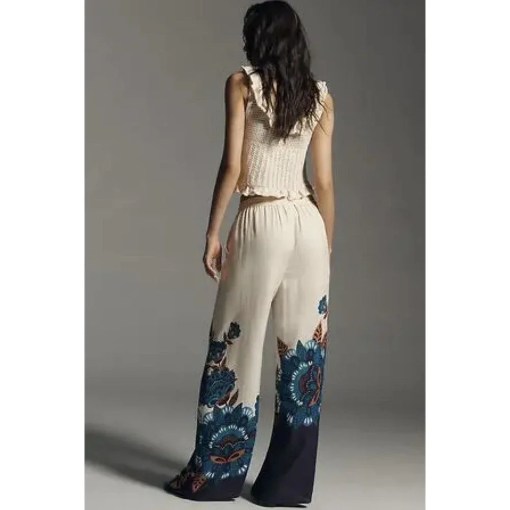 FARM RIO X Anthropologie Floral Print Martina Pants Women's S Blue Wide-Leg NWT - Picture 3 of 13